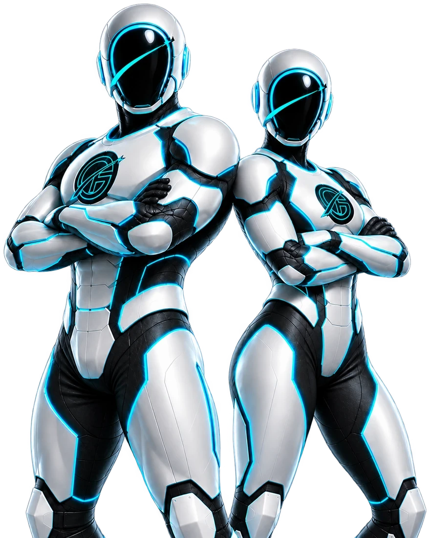 OrbMan and OrbWoman standing ready, arms crossed